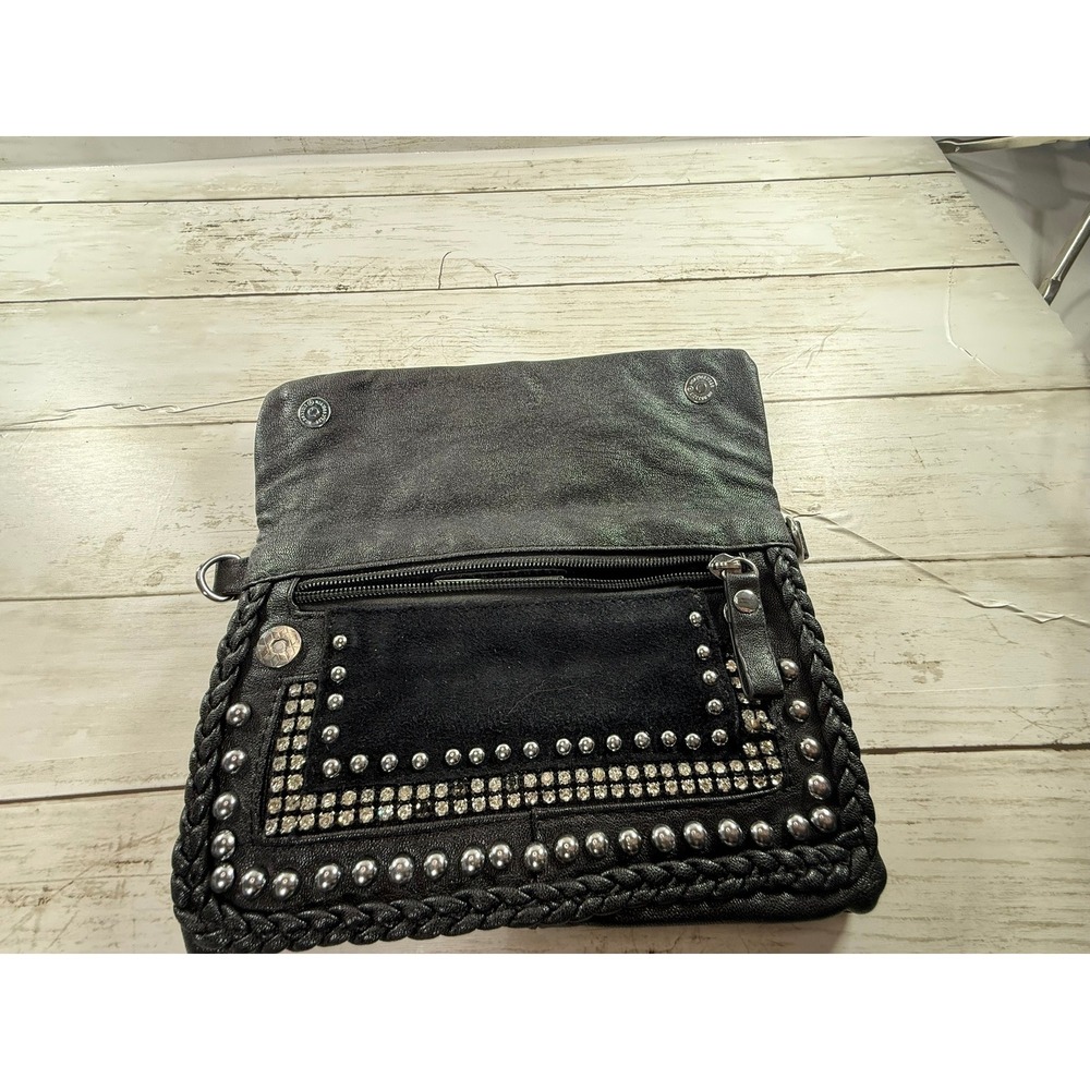 MMS Black Studded Rhinestone Foldover Clutch Bag Braided Trim Boho Rocker Hand